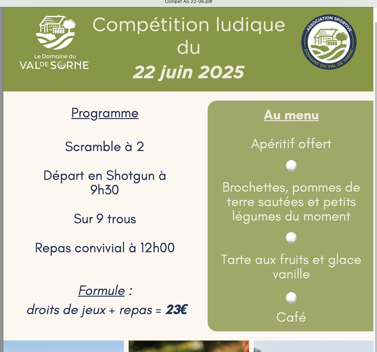 Dimanche 22 Juin Scramble à 2 en shotgun avec repas à la clé